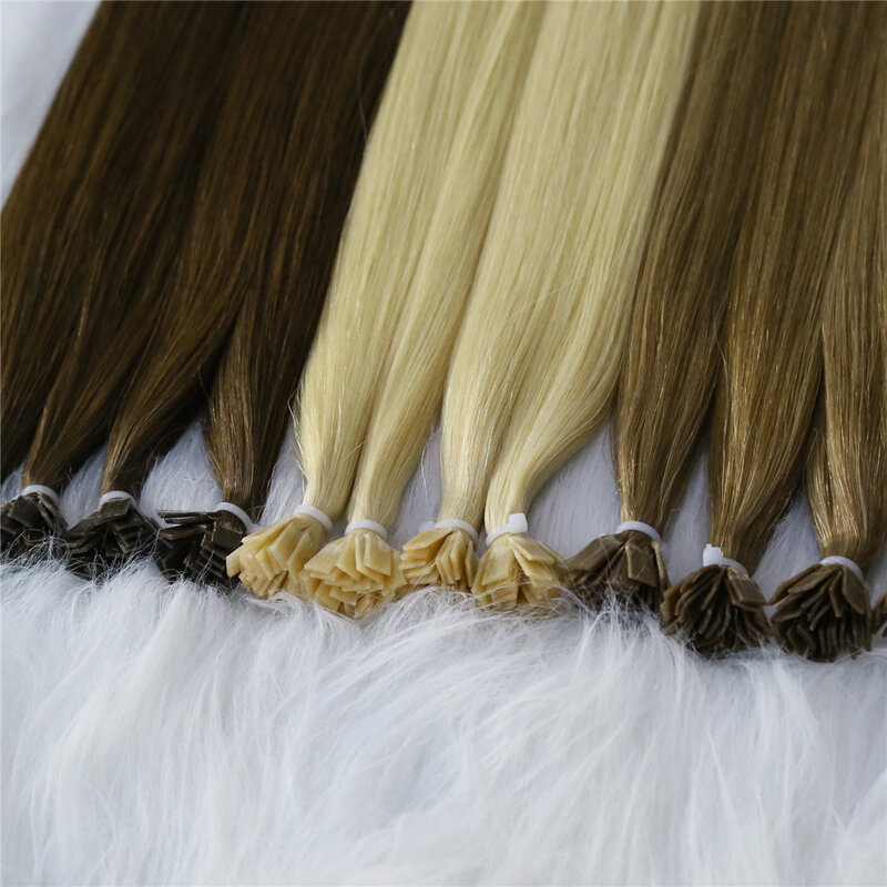 وصلات شعر مستقيمة مسطحة ، شعر بشري طبيعي ، كبسولة كيراتين ، لون بني وشقر ، 12-26 في ، 50: atin