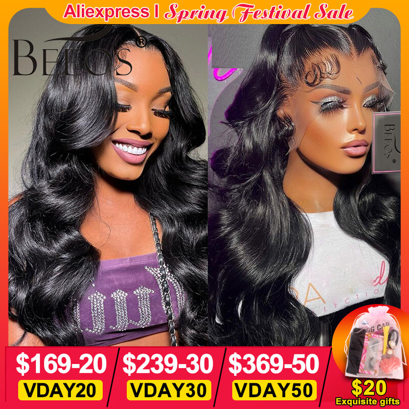 BEEOS 36in 250% Body Wave 13x6 HD Lace Frontal Wig Preplucked 13x4 HD Lace Frontal Human Hair Wigs For Women Melt Skin Brazilian