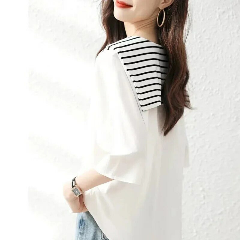 2024 nowa letnia damska do biura luźna codzienna koreańska koszula damska w paski z dekoltem w szpic z krótkim rękawem