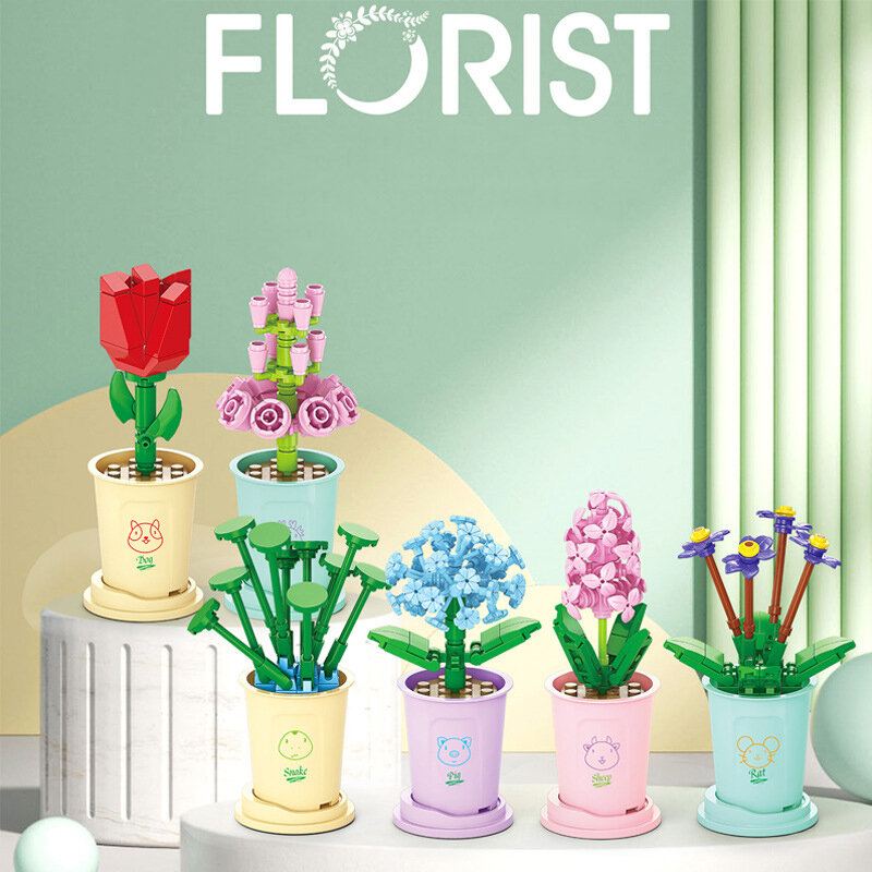 Bukiety złożone klocki kompozycja kwiatowa zabawki małe elementy nieśmiertelny kwiat prezenty urodzinowe