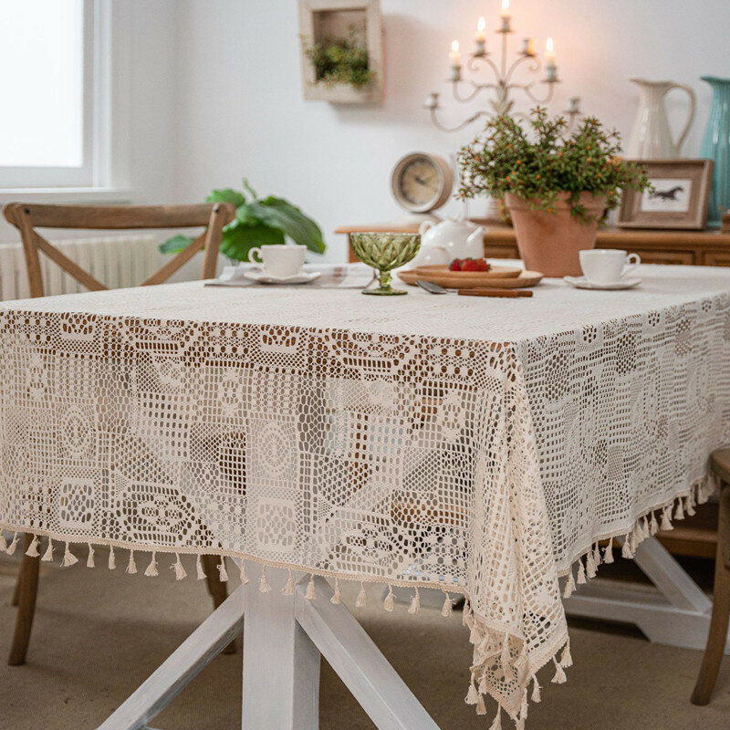 European Pastoral Handmade Crochet Beaded Beige Rectangular Tablecloth Dining Table Sofa Set Cover Cloth Christmas Wedding Decor