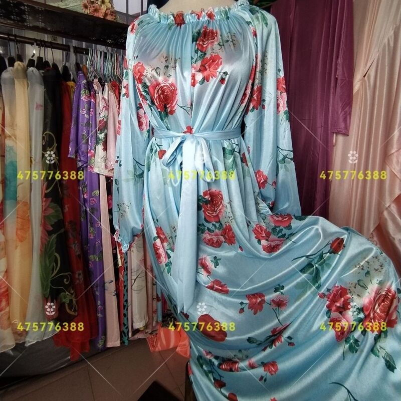 여성용 섹시한 꽃무늬 프린트, 광택 새틴 긴 드레스, 긴 소매, 느슨한 실크 맥시 원피스 수면 로브, 가을, 겨울