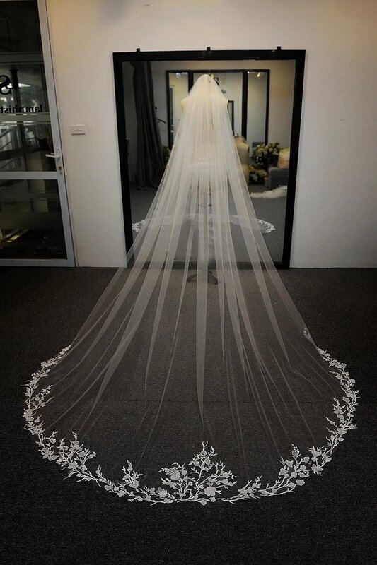 Velo de novia de encaje elegante, 3 metros de largo, una capa, blanco marfil, accesorios de boda con peine