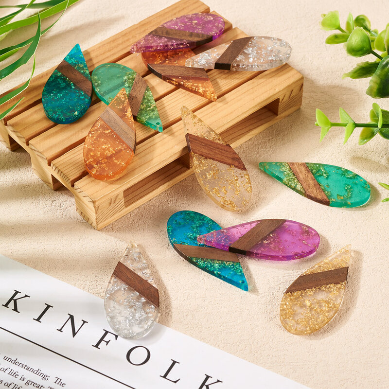 Paillette/złota folia żywiczna duży wisior drewna Mix kolor drewniane amulety naszyjnik kolczyk bransoletka DIY elementy do wyrobu biżuterii