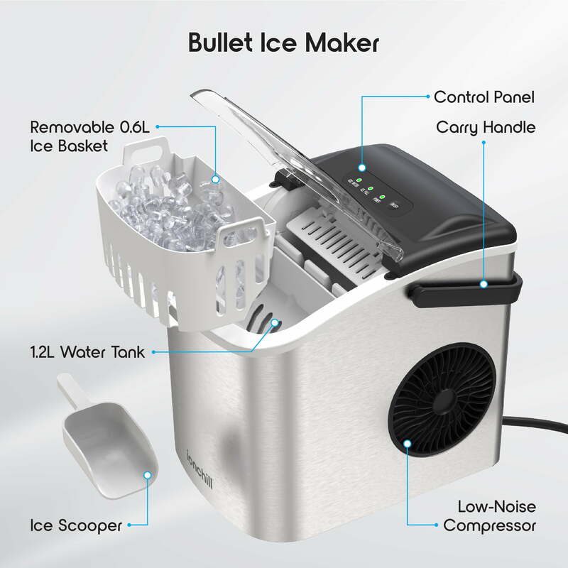 Ionnic Quick Cube Ice Machine, Bala de bancada portátil, Máquina de gelo cubada, 26lbs, 24h