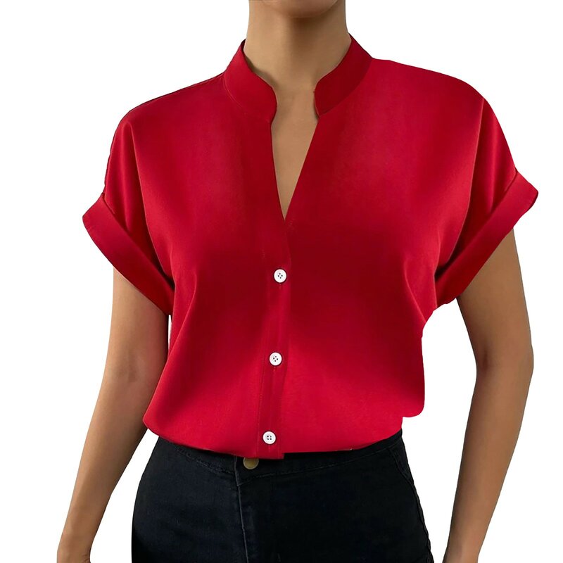 Summer Minimalist Women's V-neck Shirt 2024 Elegant Women's Satin Short Sleeved Single Breasted Casual Fitting Office Shirt