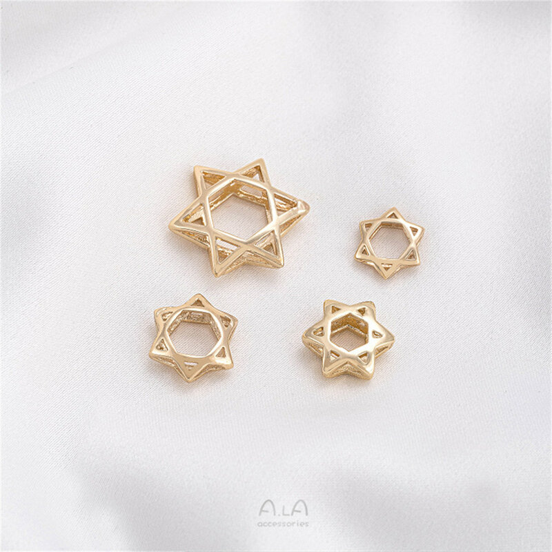 14K Gold-Plated Hexagonal Estrela Bead Anel, Handmade frisada Partition Ring, DIY Pulseira, Colar Acessórios, Esvaziada, C379