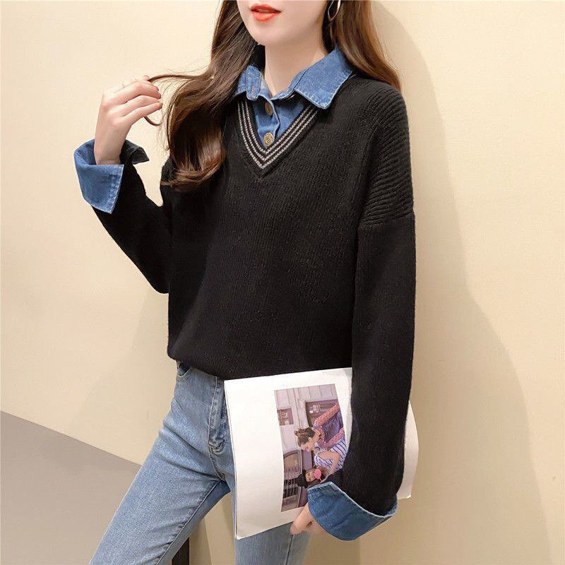 Fake 2 Piece Patchwork Denim Knitted Sweater Women Autumn Winter Fashion Korean Casual Loose Pullover Top Female Clothing Jumper