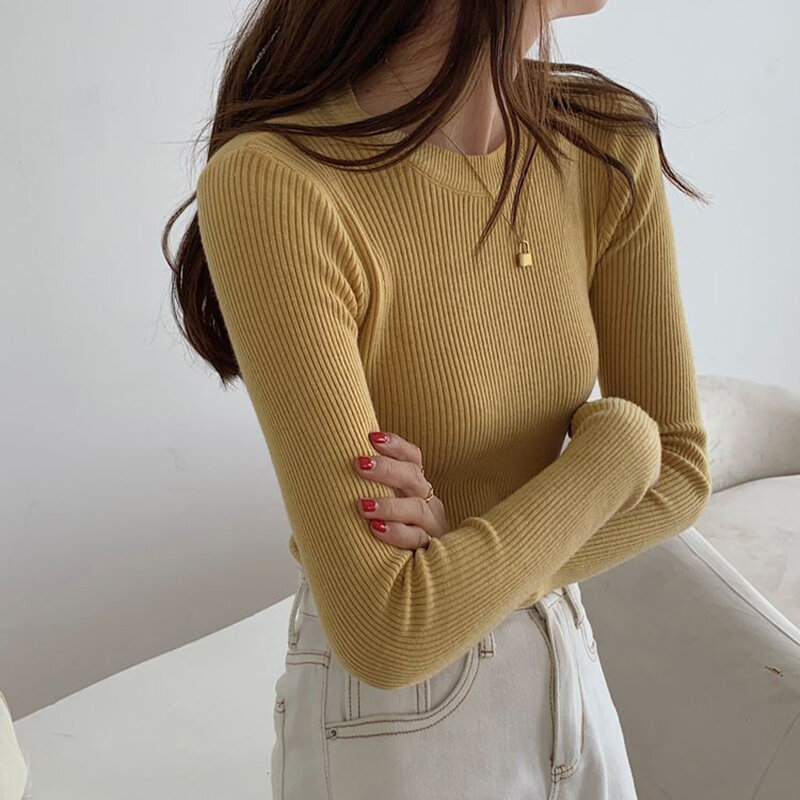 Lucyever Sweater Women Pullover Autumn Winter Basic Slim Fit O-Neck Knitted Sweaters Female Solid Ribbed Long Sleeve Jumpers Top
