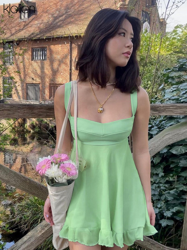 KLALIEN wanita romantis Perancis elegan kantor wanita Mini gaun A-Line Musim Panas 2022 baru sederhana liar pesta pantai gaun malam
