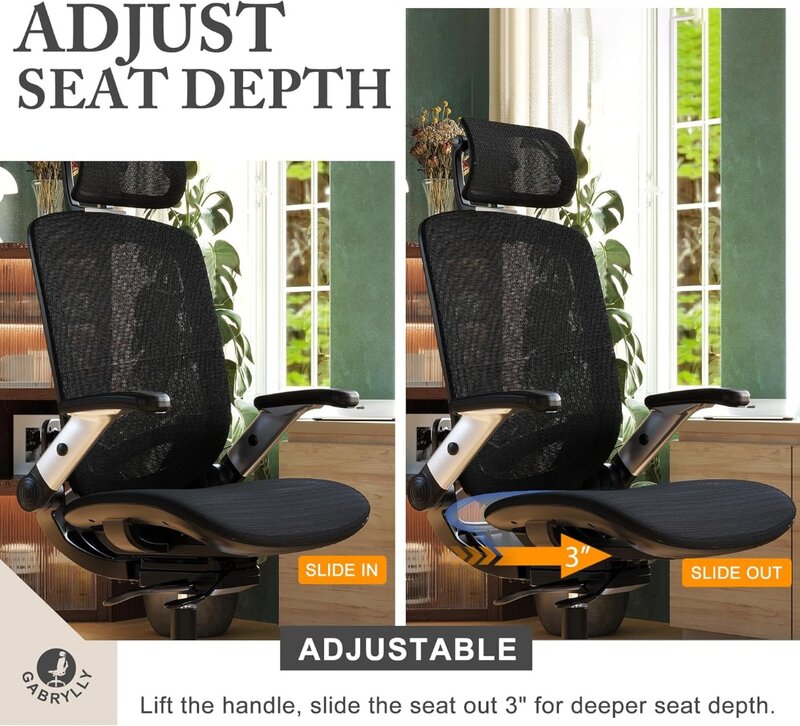 Gabrylly ergonomischer Büro-Mesh-Stuhl, Schreibtischs tuhl mit hoher Rückenlehne, Schiebe sitz, verstellbare hoch klappbare Armlehne und 2d-Kopfstütze