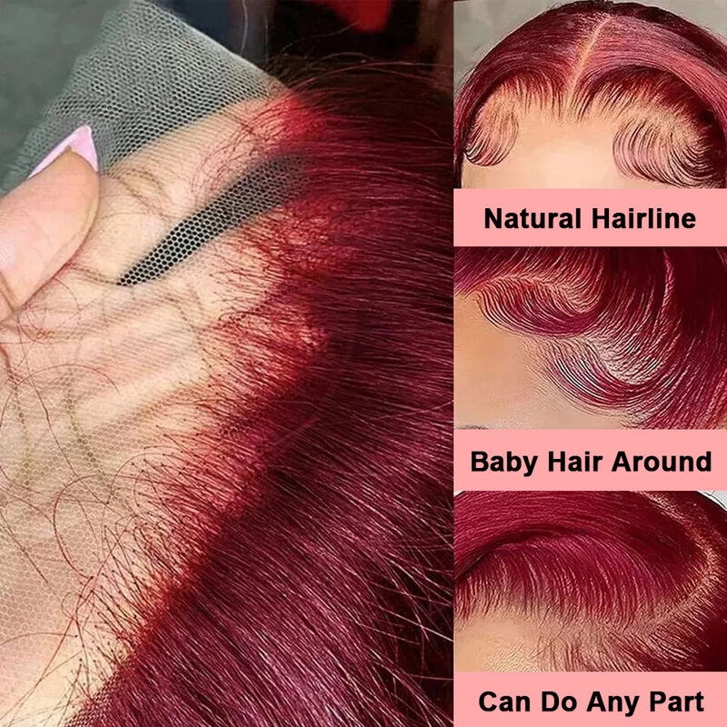 شعر مستعار بورجوندي بدانتيل أمامي عالي الدقة للنساء ، شعر بشري ، موجة جسم ، لون أحمر ، 13 × 4 ، 99J