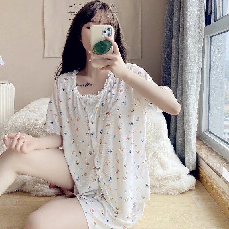 2 peça conjunto de pijamas de renda pijamas de seda de gelo pijamas feminino sleepwear o pescoço manga curta camisa shorts terno pijamas homewear