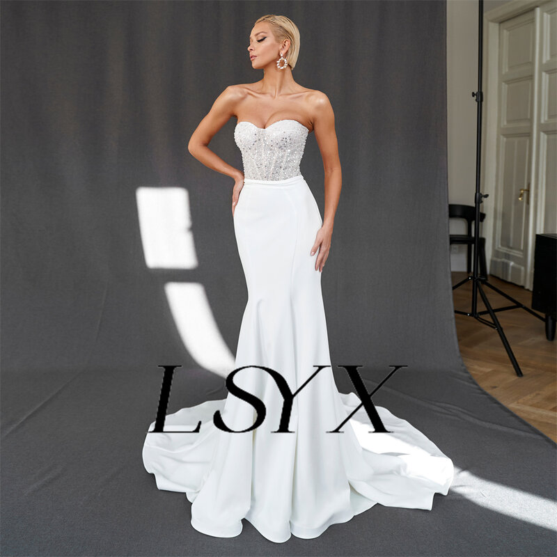 LSYX vestido de novia de sirena sin tirantes con cuentas brillantes, vestido de novia elegante con cremallera trasera, largo hasta el suelo, hecho a medida, dos piezas