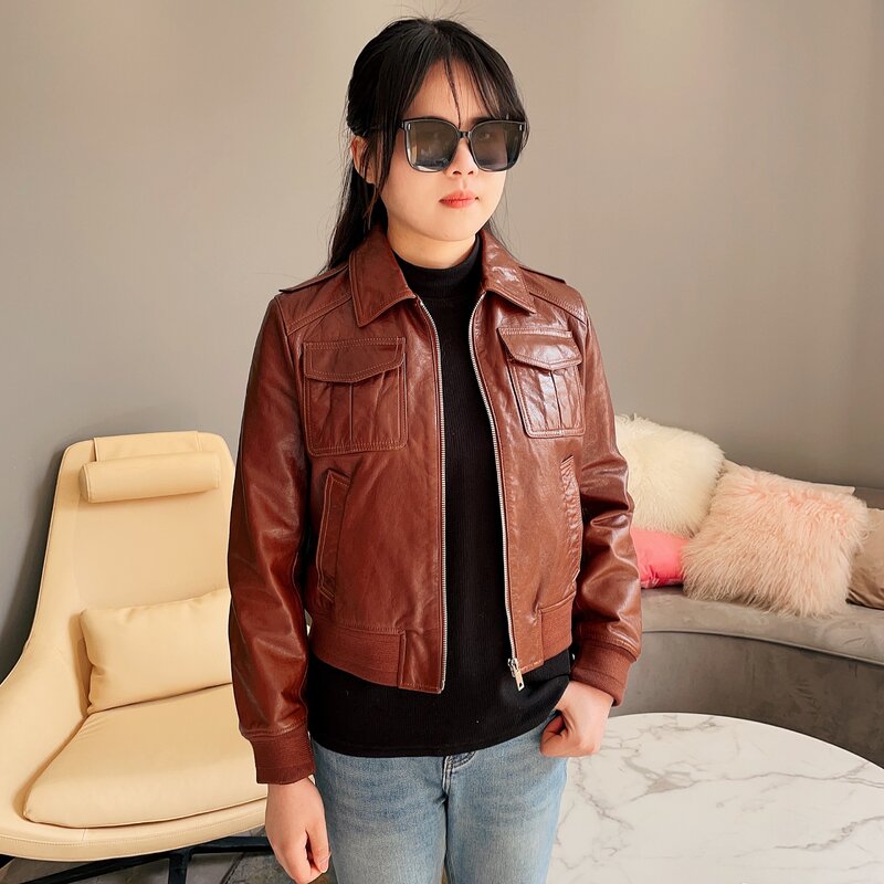 Women Leather Fashion Moto Jacket Vintage Sheepskin Leather Coat Lady Biker Jackets