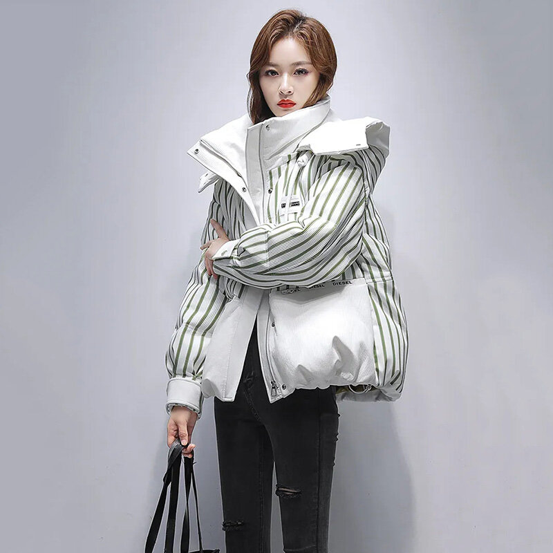 Piumino a righe alla moda, piumino con cappuccio, piumino d'anatra bianco con cerniera calda nuova versione coreana invernale