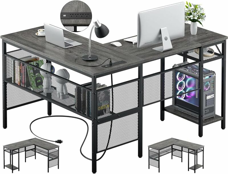 Mesa de Computador Unikito-L com Porta de Carregamento USB e Tomada, Mesa de Canto Reversível com Prateleiras, Industrial