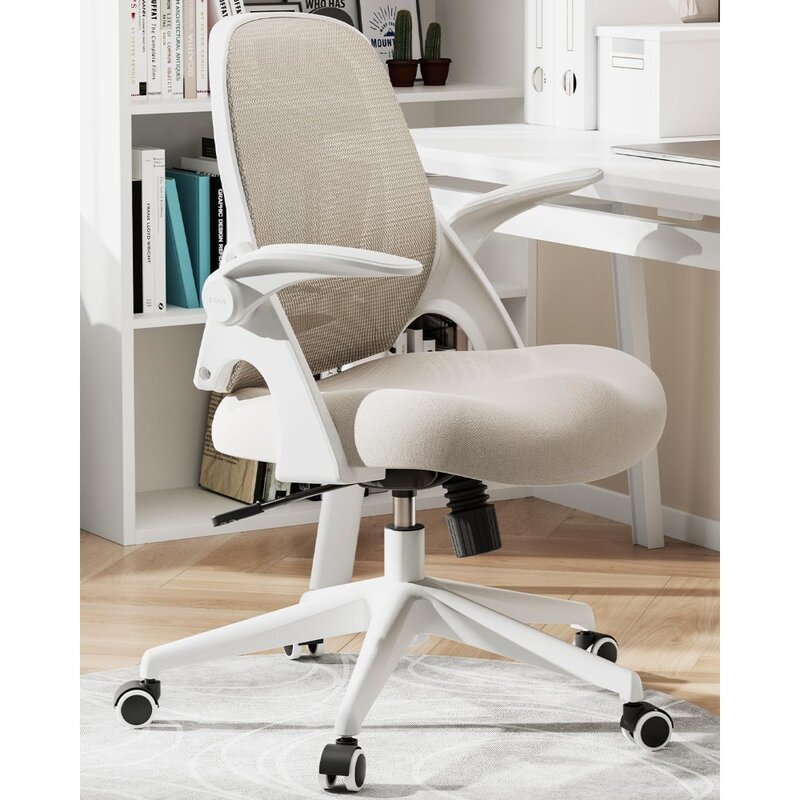 Kursi kantor, kursi meja dengan sandaran tangan lipat dan bantal sadel, kursi kantor ergonomis dengan sandaran lengan berbentuk S