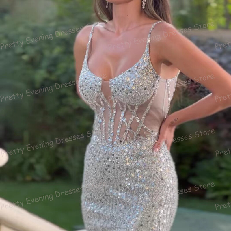 Błyszczące seksowne cekinowe suknie wieczorowe damskie syrenka z wysokim wycięciem bocznym balu maturalnego rośnie Spaghetti pasek Party Vestidos 2024