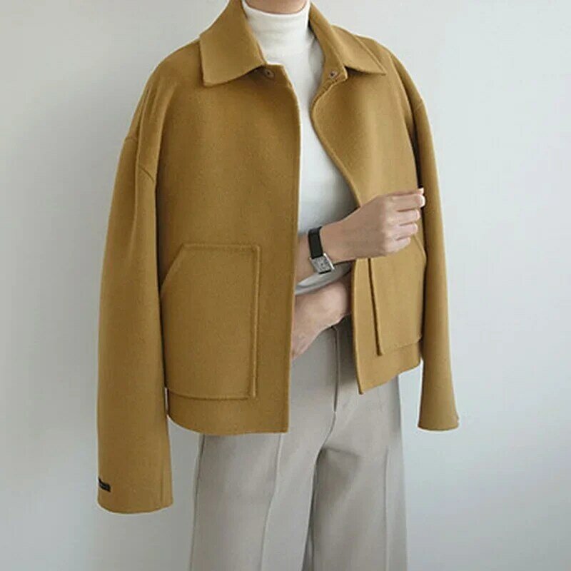 Drop Shoulder lose handgemachte Wolle Mantel 2021 Frauen Herbst Winter doppelseitige Kokon Wolle Kurz mantel übergroße einfarbig