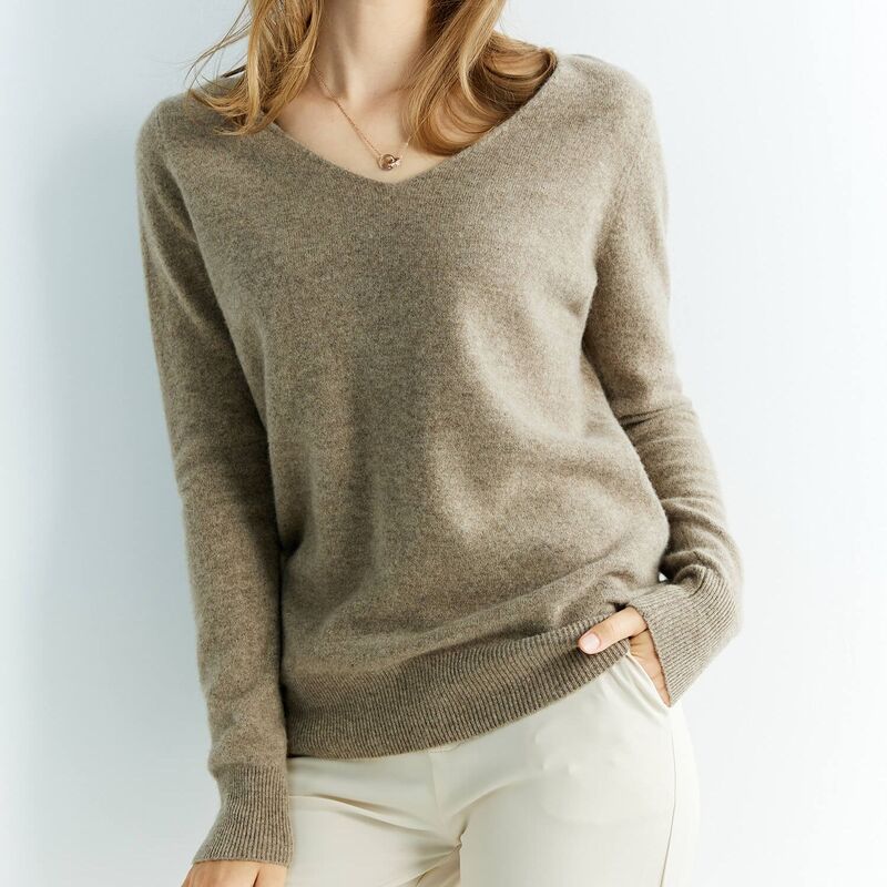 Sweater Kasmir Sweter Rajutan Wanita 100% Wol Merino V-Neck Pullover Lengan Panjang Pakaian Jumper Musim Dingin Musim Gugur Atasan Perempuan