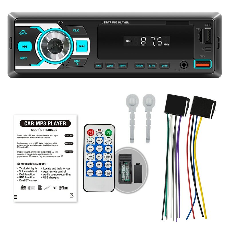 Leitor de MP3 para Carro Bluetooth Digital, Rádio FM, Áudio Estéreo, Música, USB, SD com In-Dash, Entrada AUX