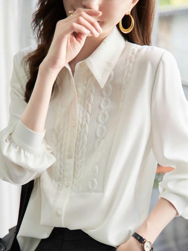 Camisa de manga comprida com temperamento glamoroso para mulheres, blusa branca, novo design de retalhas, primavera e outono 2022