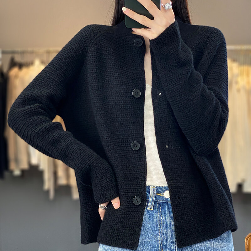 Cárdigan de lana 100% con cuello levantado para mujer, suéter fino hueco, top de punto suelto a la moda, novedad de otoño e invierno