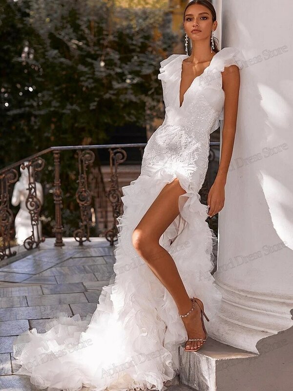 Gorgeous Wedding Dresses Lace Bridal Gowns Tulle Pleated Sheath Mermaid Sexy Deep V-Neck High Slit Robes Vestidos De Novia 2024
