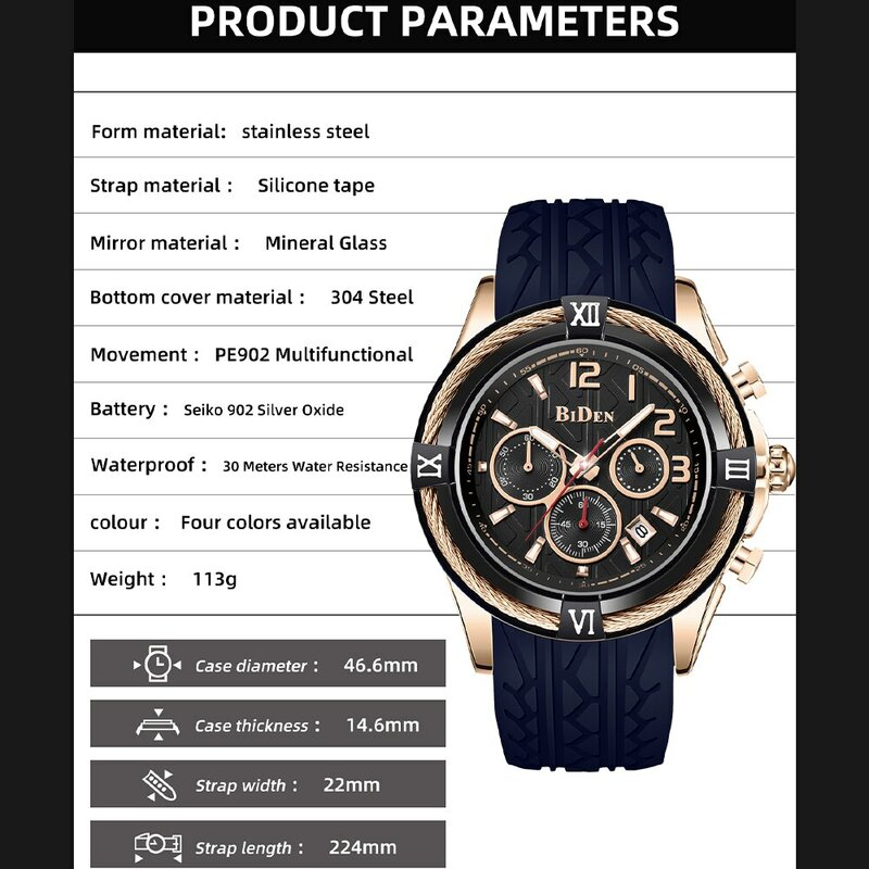 BIDEN-Relógio de quartzo de luxo masculino com cronógrafo e calendário, relógios esportivos, pulseira de aço inoxidável, marca superior, moda, 2024