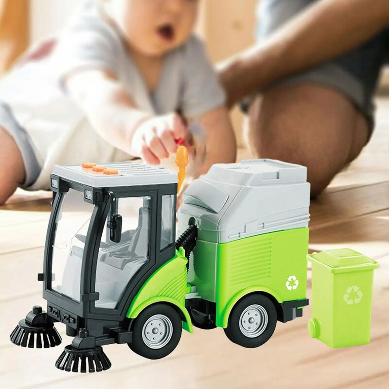 Street Sweeper Truck Removable Garbage Can Boys Girls Kids 1/16 Rotating Brushes Heavy Duty Cleaning Vehicle Toy Birthday Gift
