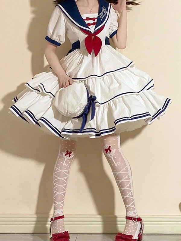 Dziewczęca styl Lolita elegancka marynarski kołnierzyk granatowa sukienka styl Preppy z krótkim rękawem biała sukienka codzienna spódnica w stylu Op Academy