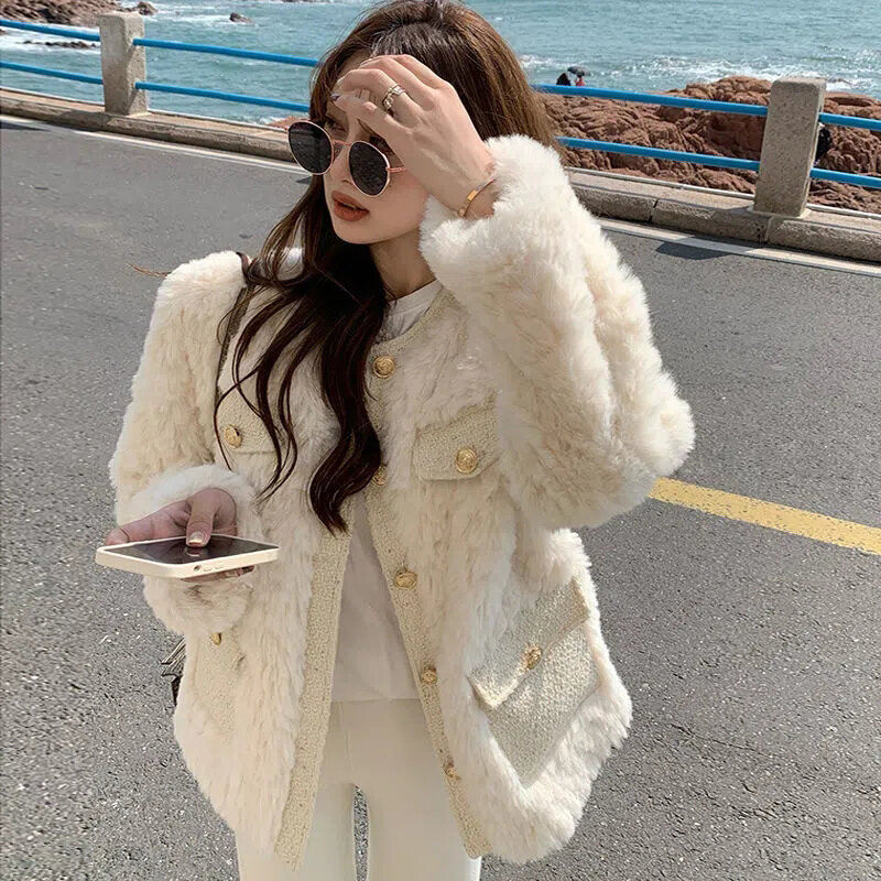 Lucyever 여성용 양털 재킷, 한국 스타일 스트리트웨어, O-넥 인조 모피 코트, 따뜻하고 두꺼운 모피 솜털 코트, 가을 겨울