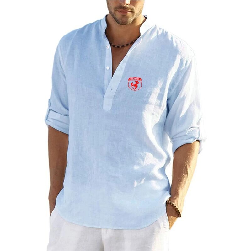 Abarth-blusa informal de lino y algodón para hombre, camisa holgada de manga larga, transpirable, con cuello en V y botones, para primavera y otoño, 2024