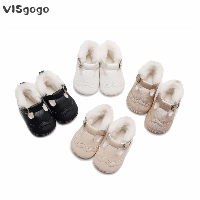 VISgogo Baby Girl Princess Dress Shoes Winter Warm Mary Jane Flats scarpe da culla in pile antiscivolo