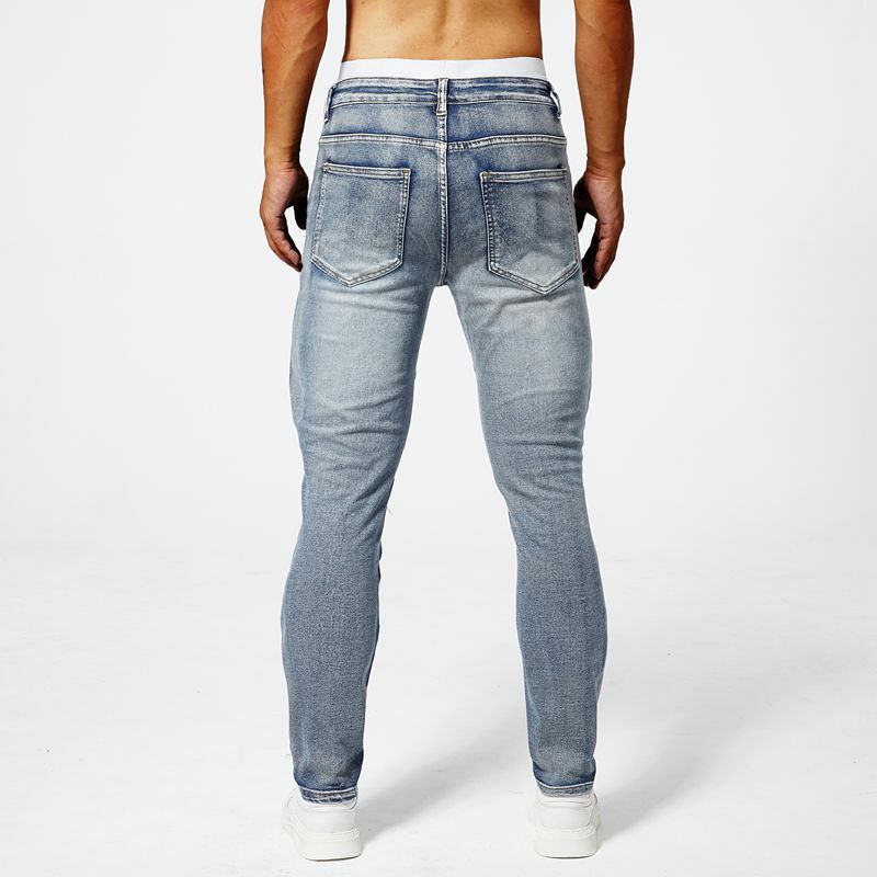 Jeans jeans de ajuste reto lavado masculino com elástico, calça casual minimalista de motociclista, estilo versátil, patchwork, novo, moda