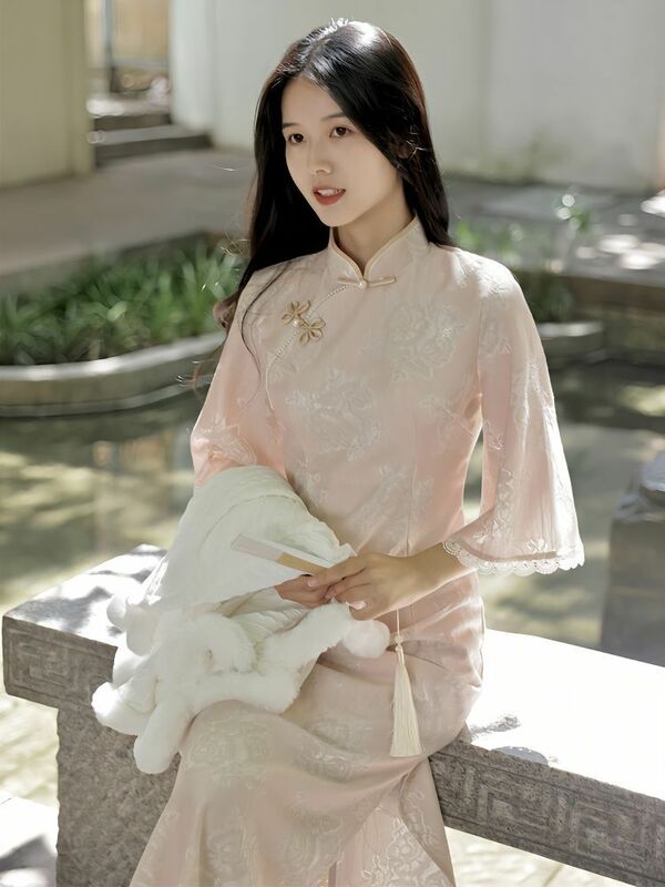 Longe Qipao gaun cheongsam wanita, baju cheongsam ditingkatkan gaya China baru Lengan Flare kostum elegan musim panas