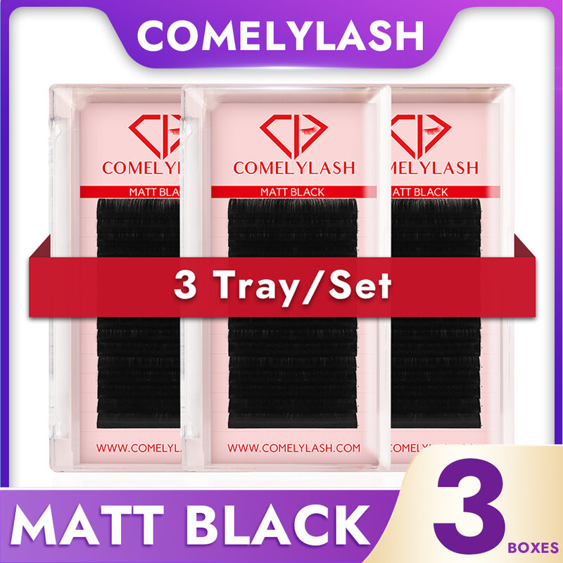 Comelylash 3 vassoi nero opaco Volume russo seta individuale estensioni ciglia classiche di alta qualità con confezione