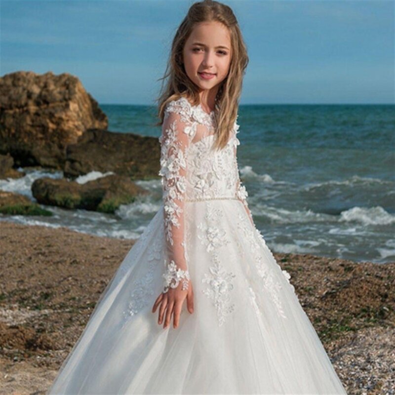 Pierwsza komunia sukienki tiulowa z długimi rękawami koronkowa naklejka księżniczka dziewczęca sukienka w kwiaty bal weselny dla dzieci niespodzianka prezent