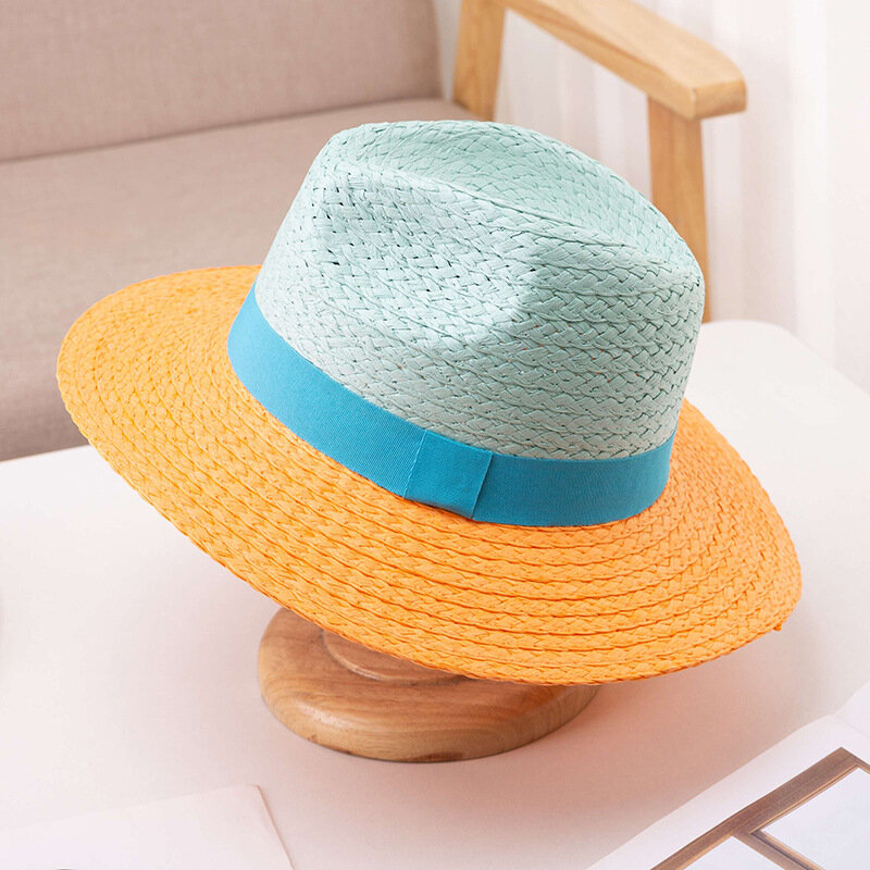 2023 Summer Simple Sunscreen Sunshade Jazz Panama Straw Hat Women's Men's Tourism Beach Fedora Straw Hat Striped Hat