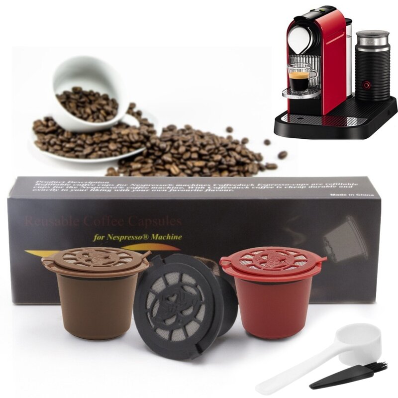 3PCS เติม Nespresso แคปซูลกาแฟถ้วยกาแฟแคปซูลนำกลับมาใช้ใหม่แปรงช้อนกาแฟตัวกรองอุปกรณ์เสริมกาแฟ