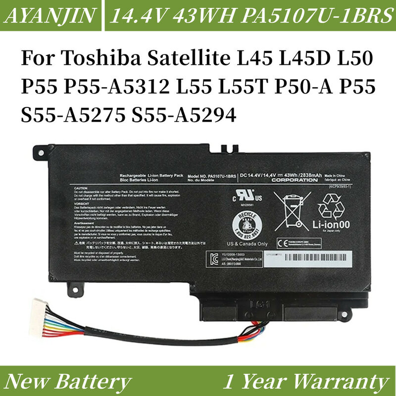 PA5107U PA5107U-1BRS 14.4V 43WH Batterie pour Toshiba Satellite L45 L45D L50 P55 P55-A5312 L55 L55T P50-A P55 S55-A5275 S55-A5294