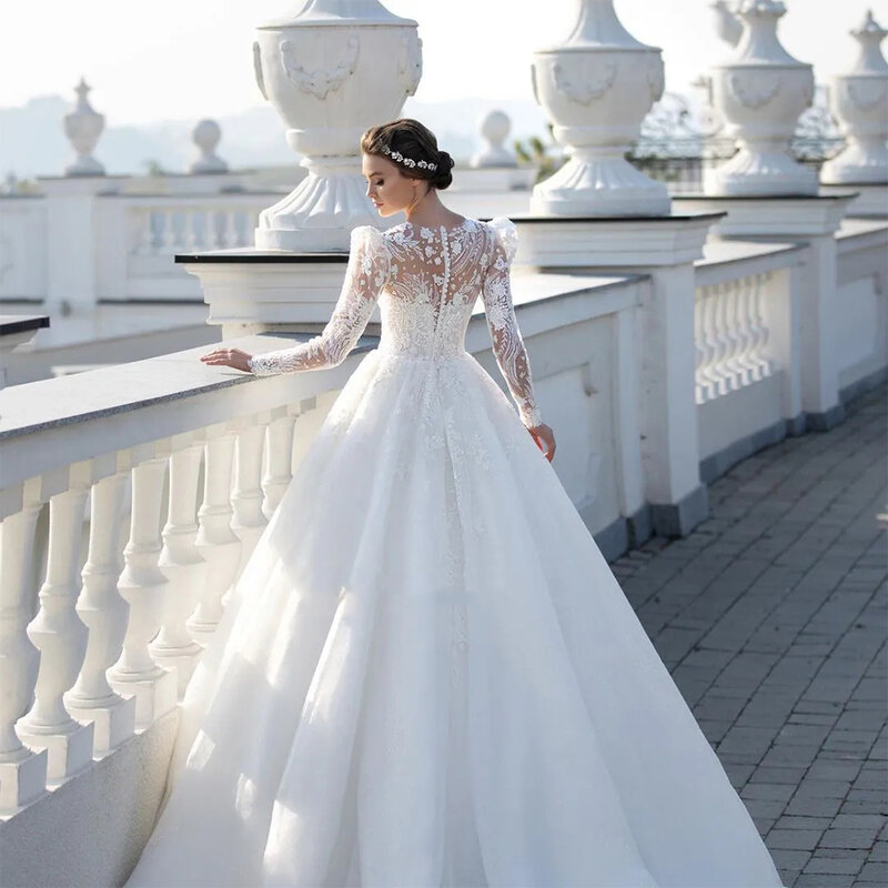 Seksowne suknie ślubne aplikacja wykwintna koronka sukienki druhen elegancka, długa rękawami plażowe puszyste w stylu księżniczki wieczorowe szaty