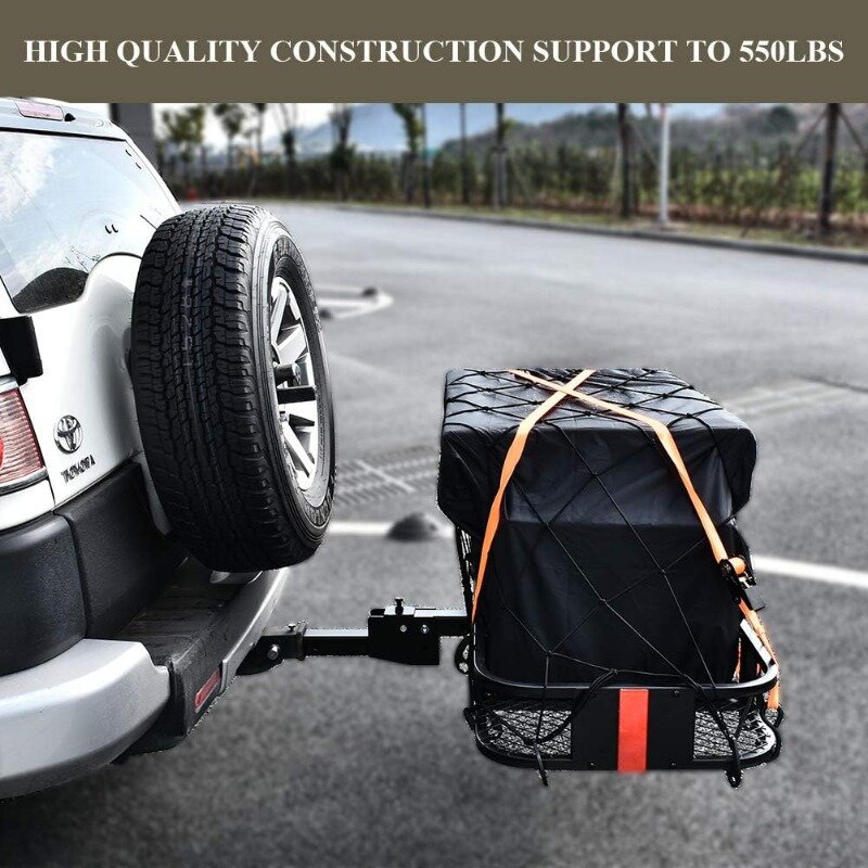 Hitch Cargo Carrier Trailer Hitch Cremalheira de bagagem com rede Saco de carga impermeável 2 correias reforçadas Suporte de engate de carro dobrável