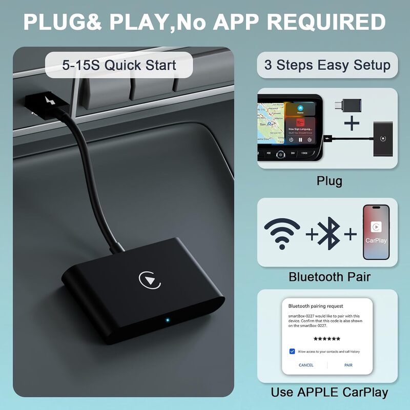 Bezprzewodowy Adapter CarPlay, bezprzewodowy Adapter Apple CarPlay, konwertuje przewodowy CarPlay na bezprzewodowy, z 2015 i iPhone iOS 10 +