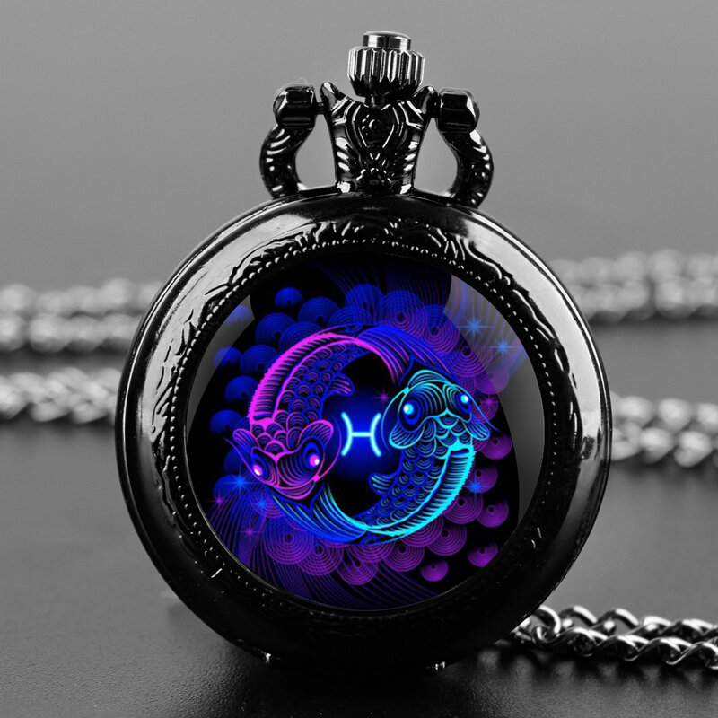 Reloj de bolsillo de cuarzo con diseño de signo de estrella de Piscis para hombre y mujer, colgante de collar, cadena, cúpula de cristal, Vintage, regalo de joyería, nuevo