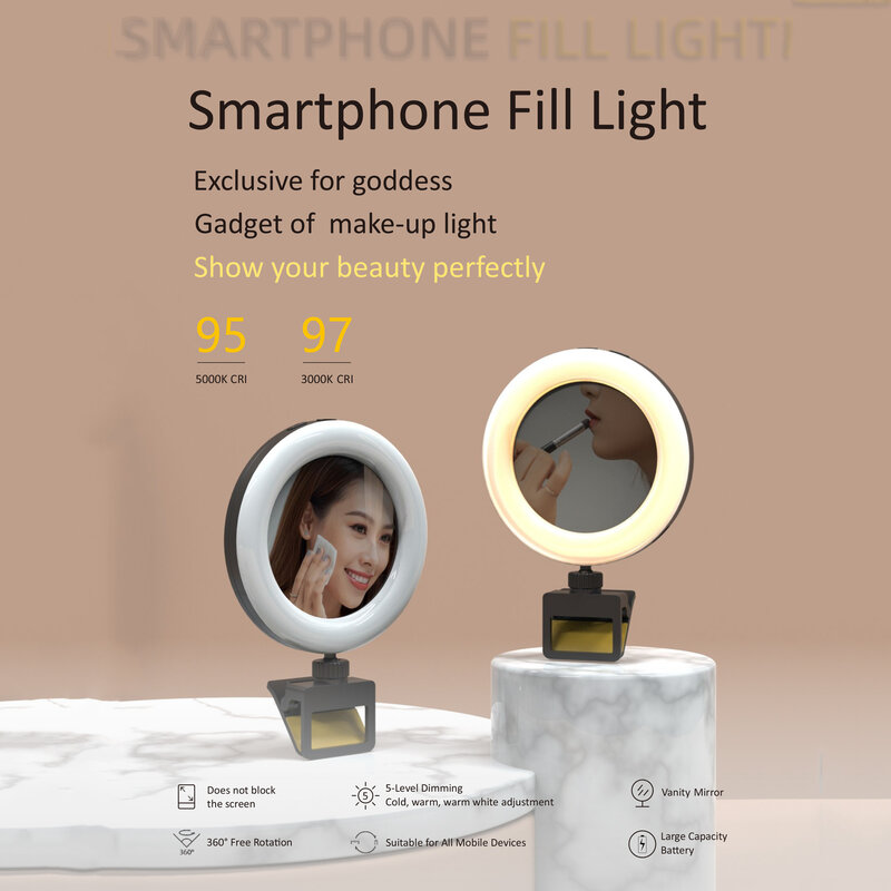 Lampu Ring Selfie LED, dengan baterai dapat diisi ulang 600mA suhu 3 warna kecerahan 7 tingkat cahaya ponsel