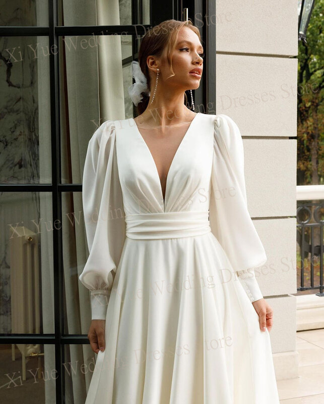 Simple Elegant V Neck Wedding Dresses New Long Puff Sleeves Backless Bride Gowns Satin A Line Floor Length Vestidos Novias Boda