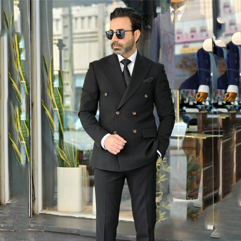 Modne garnitury Blaack dla mężczyzn dwurzędowe formalne biznesowa marynarka smoking pana młodego ślubne 2 sztuki kurtka spodnie Terno Masculino