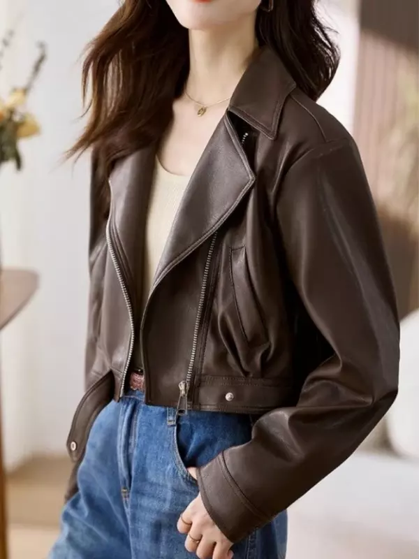Chaqueta corta de piel sintética para mujer, abrigo Vintage holgado con cinturón, ropa de calle con cremallera, estilo Retro, para motociclista, 2024